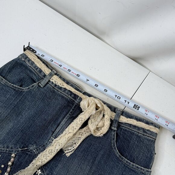 VTG Y2K Boho Fairycore Denim Ruffle Skirt Asymmetrical Lace Beaded Sz S Festival - Picture 8 of 14